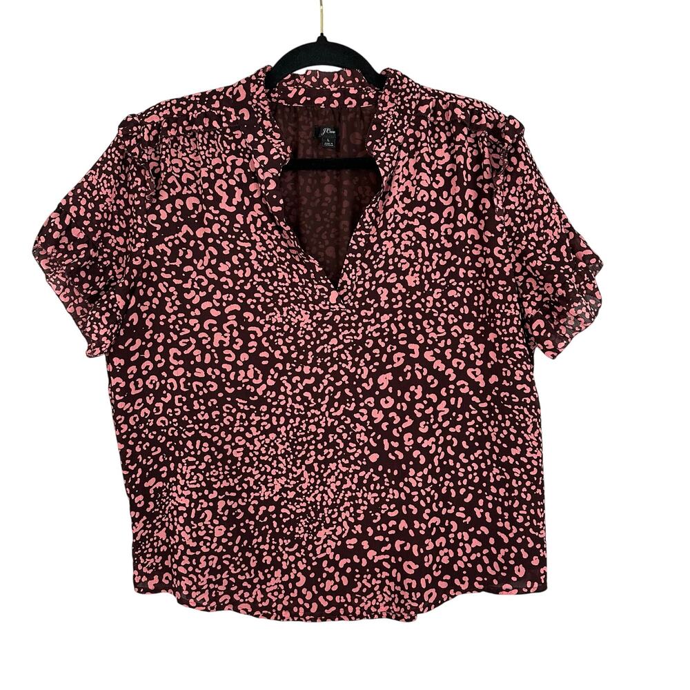 J. Crew Leopard Blouse Women's Size L Ruffled Animal Print Pink Brown Careerwear